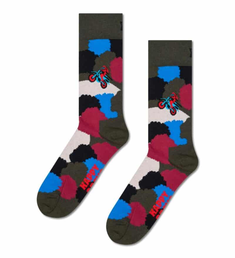 Colorful motorbike-themed socks with vibrant patterns for active wear.