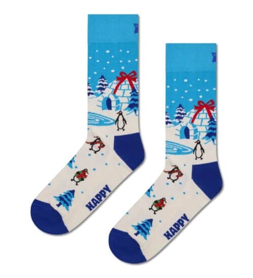 Igloo Sock with winter penguin and snowflake design.