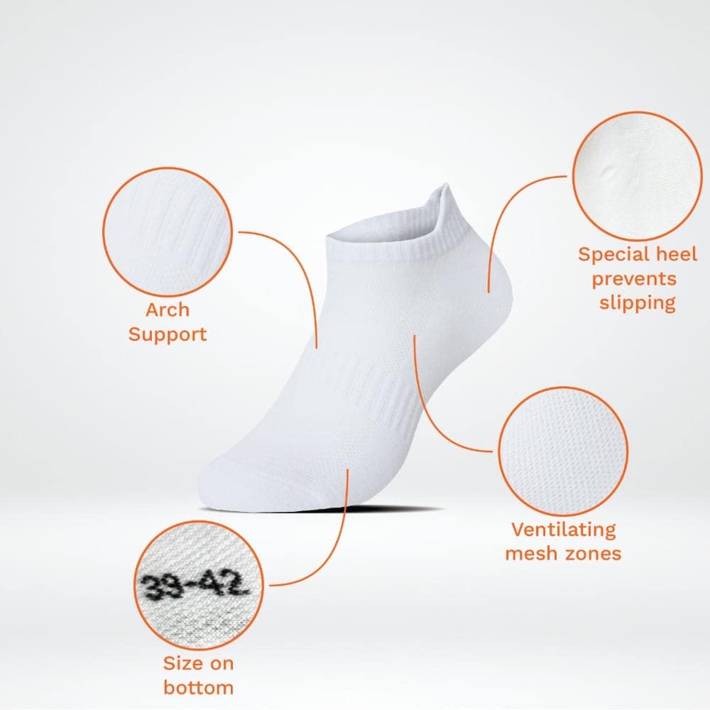 Comfortable sneaker socks with heel support and ventilating mesh zones.