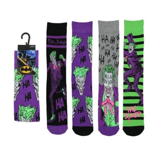 Themed socks with comic-style graphics and "Ha Ha" text.