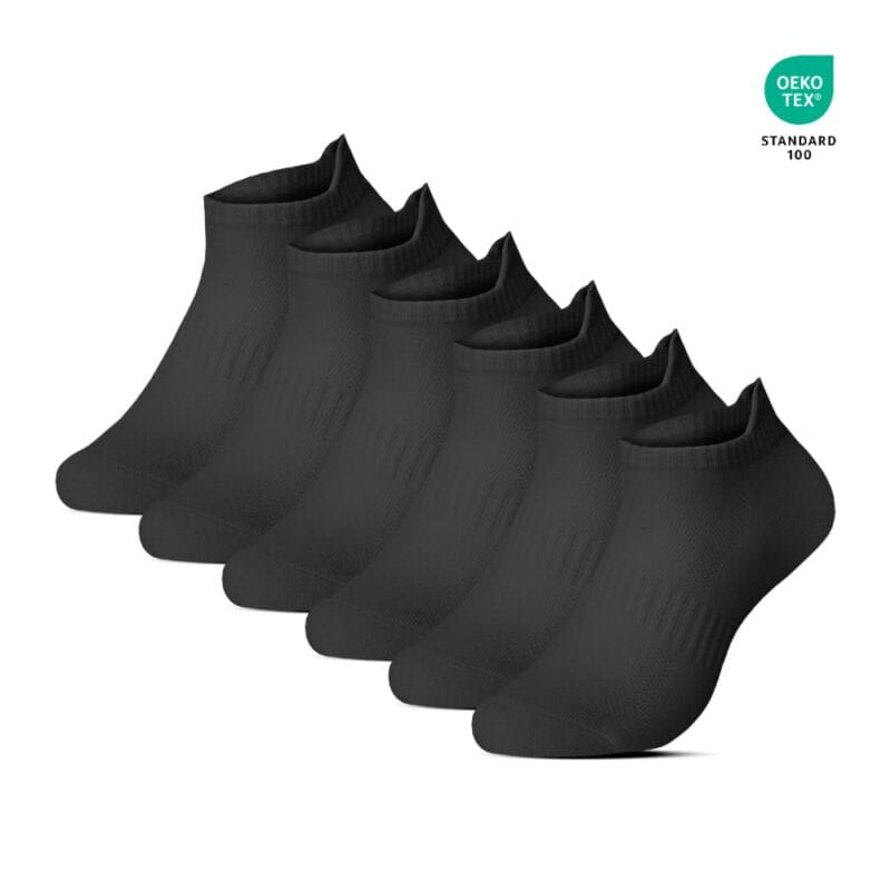 Sneakersockor 5-pack med hälflik - Svarta, bekväma och slitstarka Comfortable black sneaker socks with heel flap, perfect for everyday wear and sports.